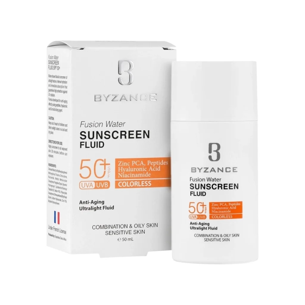 فلوئید ضد آفتاب بیزانس مدل فیوژن واتر حاوی ضد چروک با SPF50 حجم 50 میلی لیتر